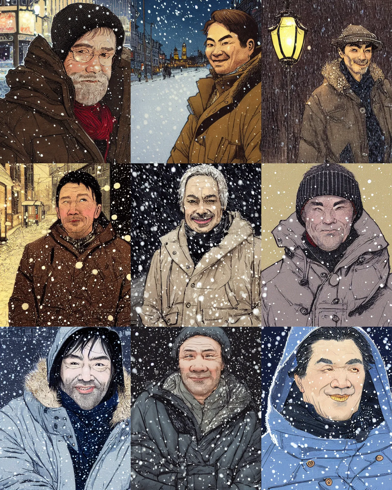 Prompt: closeup portrait of a middle - aged man, wearing a parka, slight smile, snow, street at night, chinese new year, art by rebecca guay