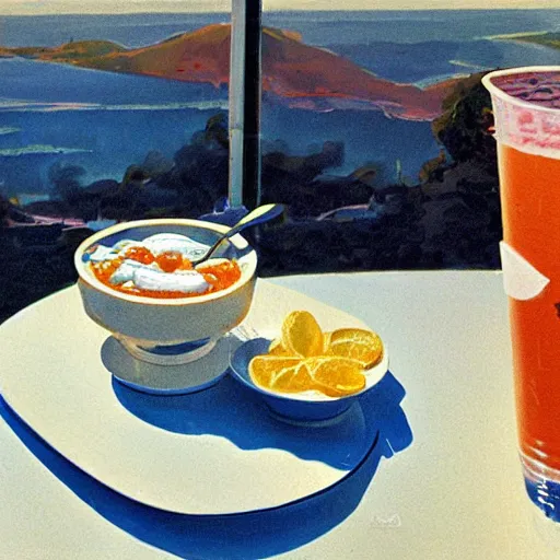 Image similar to cup of yogurt on table foreground, intricate detail, 8k optane render, background has a blue sky, optimistic colors, background by Robert McCall, solarpunk