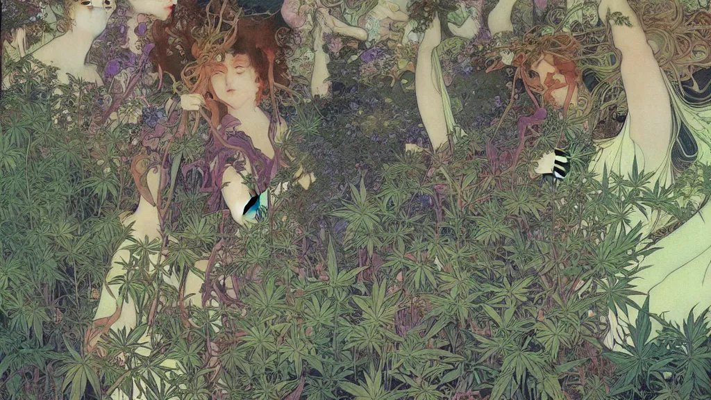 Prompt: a beautiful cannabis landscape painting of dystopian psychedelic future by Alfons Maria Mucha and Yoshitaka Amano and Junji Ito