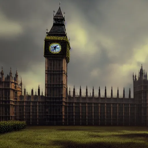 Image similar to overgrown london in ruins big ben in background, highly detailed, 4k, HDR, award-winning, octane render, artstation