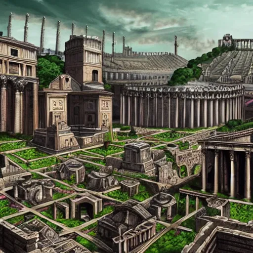 Prompt: sprawling fantasy city of Ancient Rome in gothic style; trending on arstation