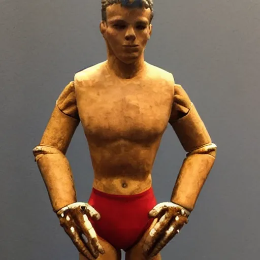 Prompt: “a realistic detailed photo of a guy who is an attractive humanoid who is half robot and half humanoid, who is a male android, American freestyle and folkstyle wrestler from Oklahoma Daton Fix, shiny skin, posing like a statue, blank stare, at college, on display”