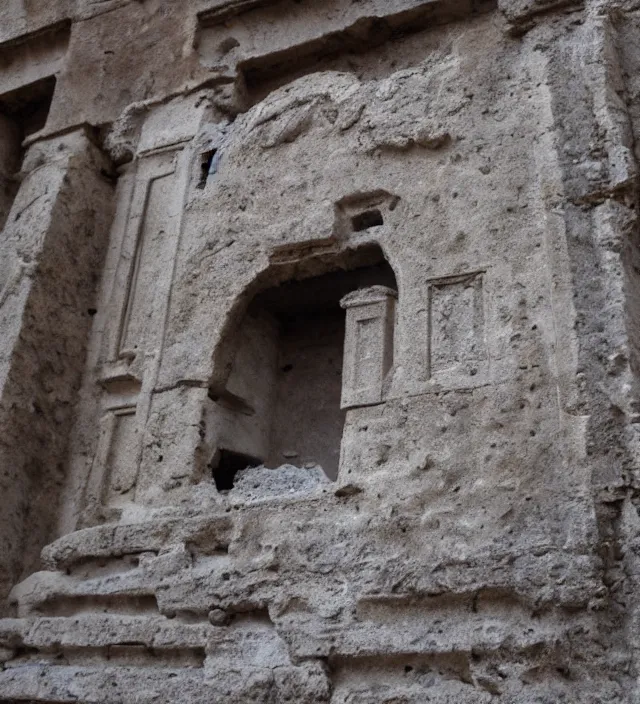 Prompt: punisher symbol carved deeply into stone edifice in the ancient ruins with luminous smoke and light rays.