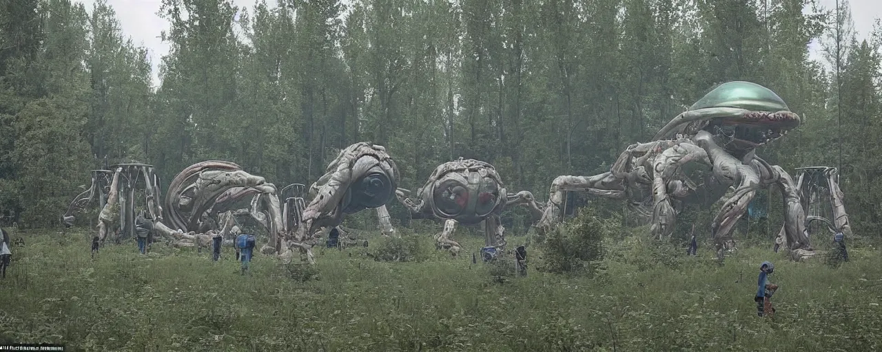 Image similar to a festival with aliens on stage and in the audience. the festival takes place in an old abandoned soviet city that is partially overgrown, in the style of simon stalenhag