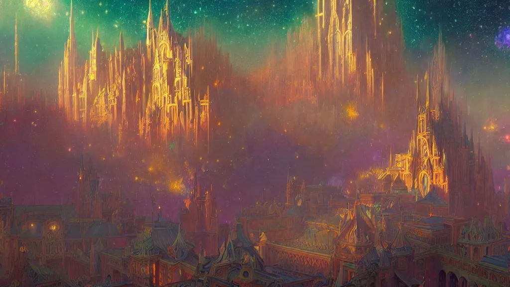 Image similar to a beautiful highly detailed matte painting of colorful castle nebulas by moebius, alphonse mucha, stars in the background, highly detailed, intricate design, 8 k resolution, octane render, trending on artstation and cgsociety