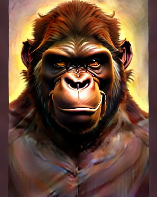 Image similar to don bluth, loish, artgerm, joshua middleton, steampunk, clockpunk anthropomorphic gorilla, brown suit, smiling, symmetrical eyes symmetrical face, colorful animation forest background