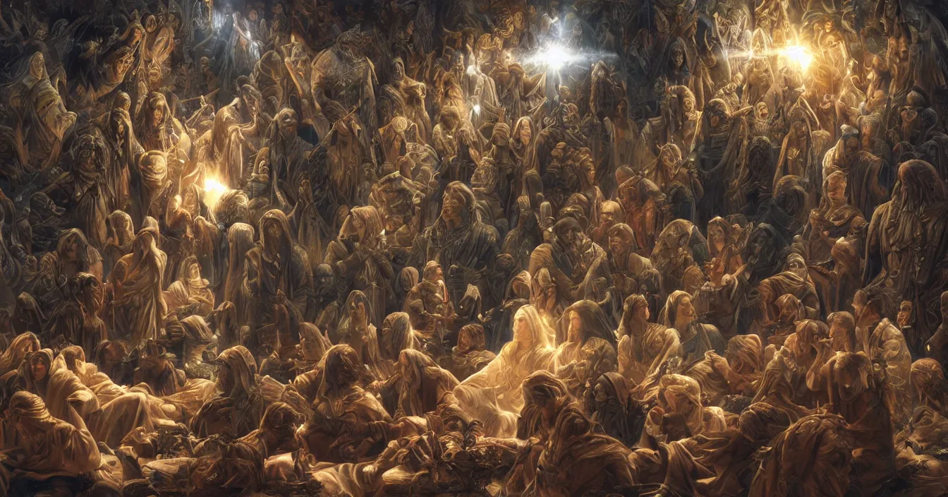 Image similar to human souls sit in the cinema and watch volumetric light of consciousness projecting their lives on the big screen, realistic, deep sense of spirituality, visual plasticity, unreal engine quality, raytracing, vray shading, style of donato giancola