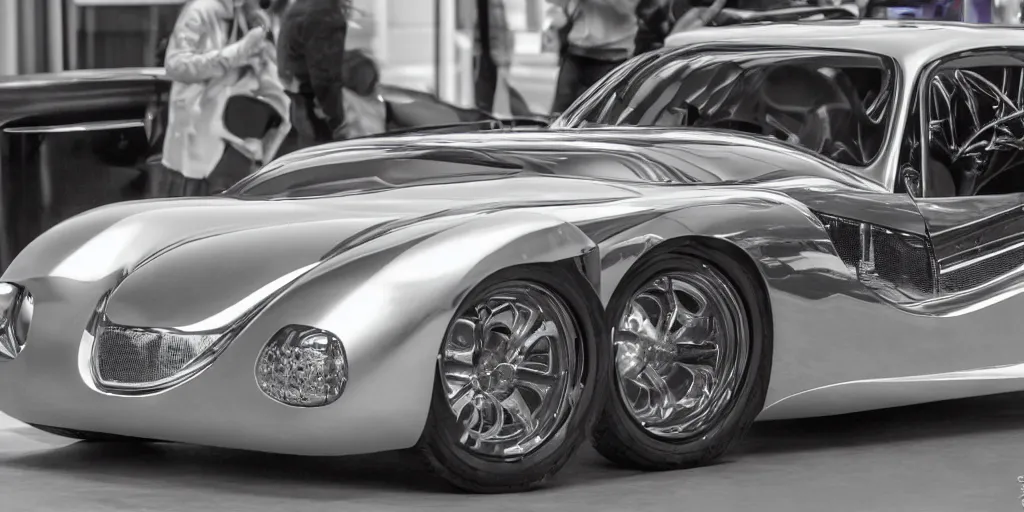Prompt: Photo of a chrome sports car designed by Rene Lalique, sigma 50mm, ƒ/8, hyper detailed.