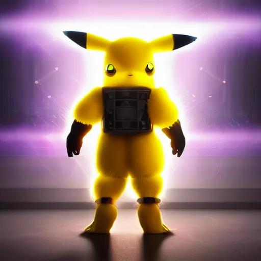 Image similar to a cyberpunk Pikachu, hyperrealistic, trending artstation, octane render, 8k render, cinematic lightning,
