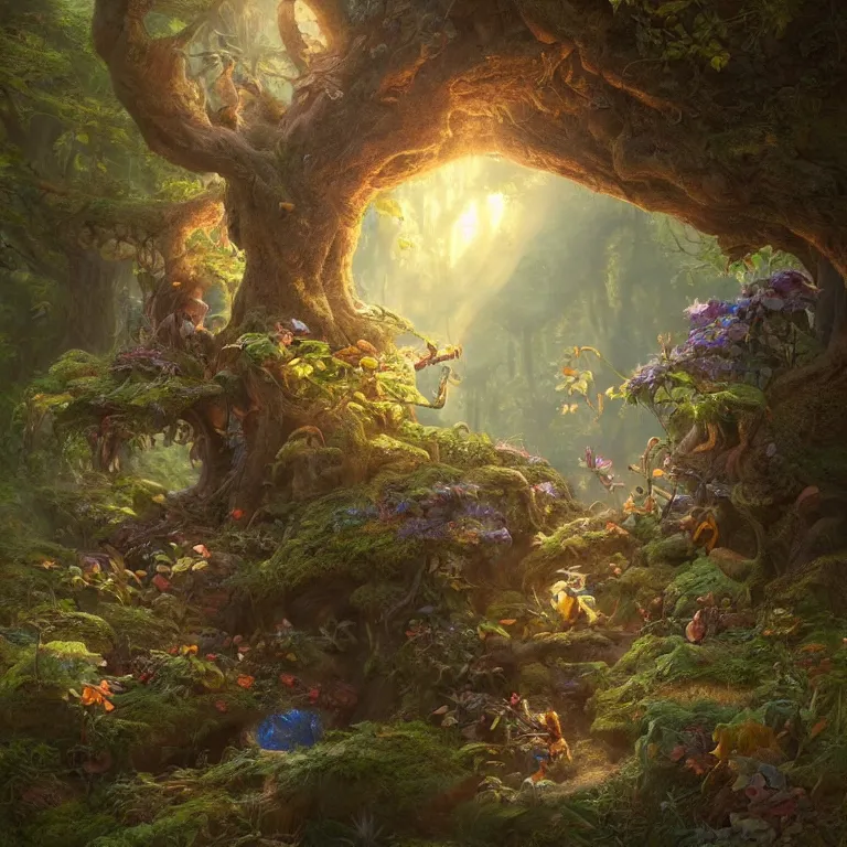 Prompt: tiny seeds float around a fairytale tree in a forest glade by Justin Gerard, evening light, fantasy art, trending on artstation