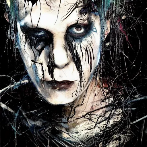 Image similar to emaciated ( the cure fan ) as dream from sandman, dim stars as eyes, by jeremy mann, by cedric peyravernay, by by russ mills, by richard avedon and ben templesmith, dramatic lightning, sadness, dark eye sockets, in the shadows, punk rock, gothic, high detailed, 8 k