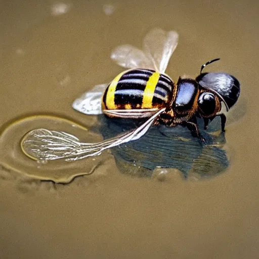 Image similar to there is a bee on the wing on the fly on the frog on the bump on the log in a hole in the bottom of the sea