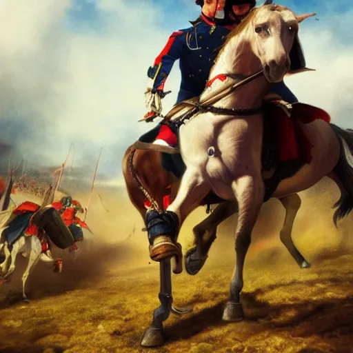 Image similar to gopro footage of napoleon on his horse fighting in waterloo, trending artstation, hyper realistic, very detailed, dramatic scene, realistic lighting, anime, 4 k