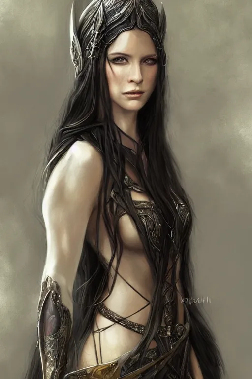 Image similar to portrait, headshot, digital painting, of elven warrior Arwen, beautiful, tall, long dark hair, dark blue satin dress, realistic, hyperdetailed, chiaroscuro, concept art, art by waterhouse