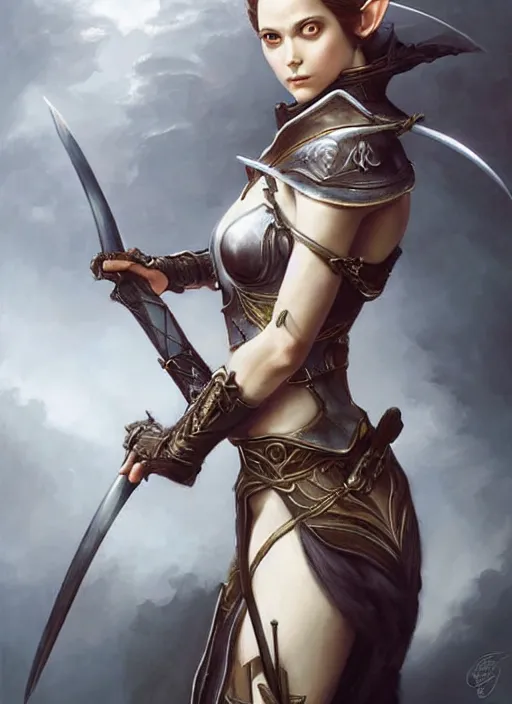 Prompt: female elf with two swords in her hands, painted by artgerm and tom bagshaw, fantasy art, dramatic lighting, highly detailed oil painting