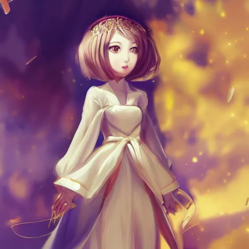 Image similar to royal anime girl wearing white and golden dress , digital painting , artstation , devian art , 4k , HD , digital art