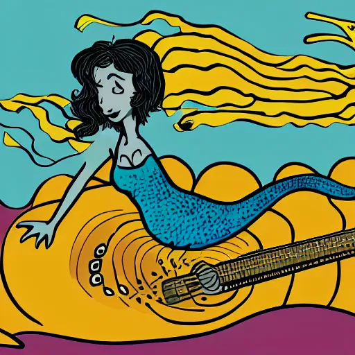Prompt: illustration of a mermaid playing an stratocaster electric guitar, by Bill Watterson