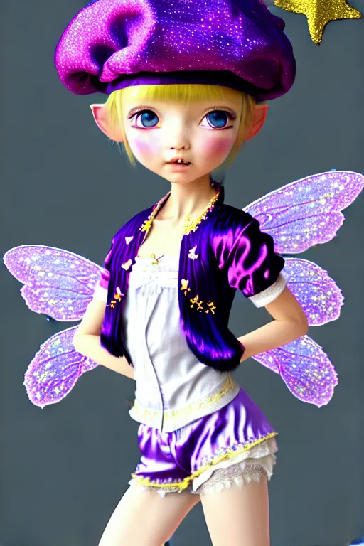 Image similar to Full View fairy maiden with short blond hair wearing an oversized purple Beret, Baggy Purple overall shorts, Short Puffy pants made of silk, silk shoes, a big billowy scarf, Golden Ribbon, and white leggings Covered in stars. covered in embroidery. Short Hair. peasant magic. masterpiece 4k digital illustration by Ruan Jia and Mandy Jurgens and Artgerm and william-adolphe bouguereau, award winning, Artstation, art nouveau aesthetic, Alphonse Mucha background, intricate details, realistic, panoramic view, Hyperdetailed, 8k resolution, intricate art nouveau