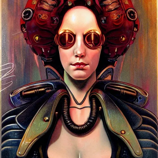 Prompt: close - up portrait of a beautiful female steampunk android in the style of karol bak, moebius