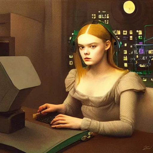 Image similar to a striking hyper real painting of Cyberpunk Elle Fanning hacking a computer, green lighting, by da Vinci