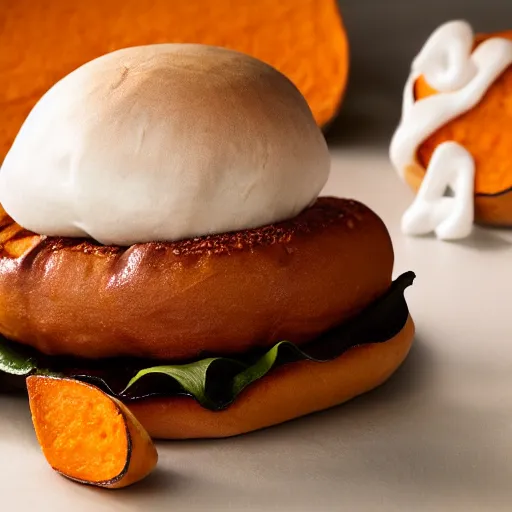 Prompt: Fast Food commercial photograph of a cinnamon hamburger bun with sweet potatoes, and melted marshmallows inside
