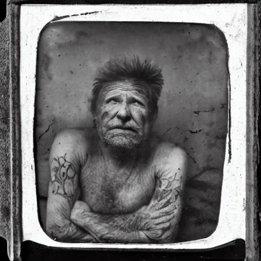 Prompt: tintype photograph, post - nuclear town, old man, tattooed man, sad man, 2 0 9 0 s