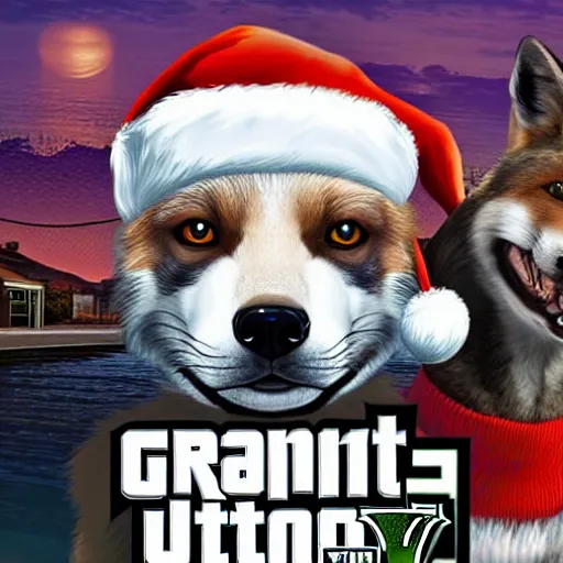 Prompt: fox wearing a santa hat as a GTA V cover art, 8k