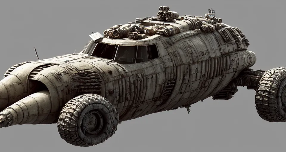 Image similar to highly detailed cinematic scifi render of 3 d sculpt of fury road spaceship, guardians of the galaxy, star wars, maschinen krieger, raphael lecoste, syd mead