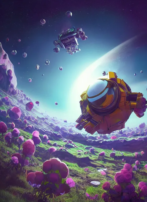 Image similar to An epic fantastic realism comic book style astroneer painting of the most beautiful flowers launched into space, bouquets, solar eclipse, fisheye, unreal 5, DAZ, hyperrealistic, octane render, dynamic lighting