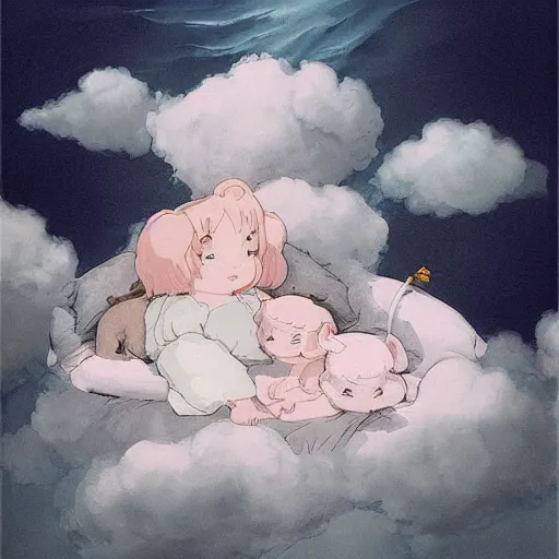 Prompt: “falling asleep with cute elephants made from clouds, illustration, detailed, smooth, pink white and green, by Adolf lachman, studio ghibli, Goya,”