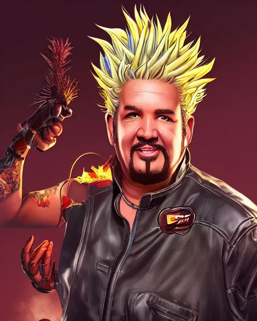 Prompt: (((Guy Fieri))) as an Apex Legends character digital illustration portrait design by, Mark Brooks and Brad Kunkle detailed, gorgeous lighting, wide angle action dynamic portrait
