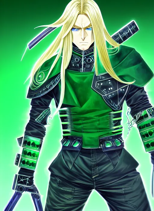 Image similar to a detailed manga full body portrait illustration of a man with long blonde hair and blue eyes wearing cyberpunk jade green battle gear by hirohiko araki, detailed artwork, realism, 4 k resolution, detailed, high quality, sharp focus, hq artwork, insane detail, volumetric lighting, character concept art, fine details, clear subject, central subject