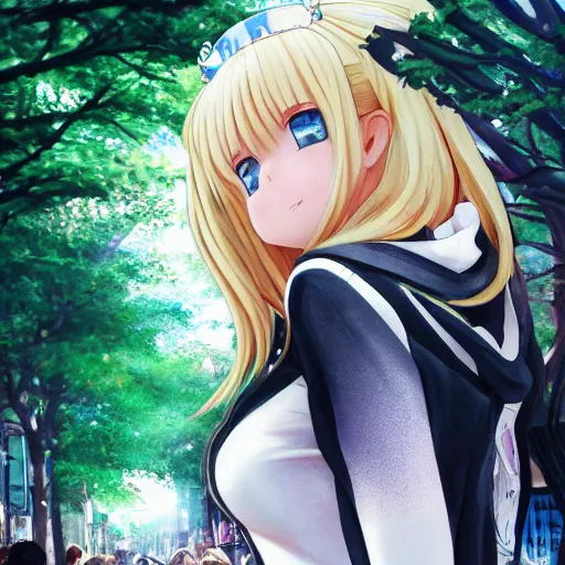 Image similar to blonde - haired princess, anime princess, wearing black jacket and white leggings, looking through crowd, town street, festival street, trees, green trees, blue lighting, blue sunshine, strong lighting, strong shadows, vivid hues, ultra - realistic, sharp details, subsurface scattering, intricate details, hd anime, 2 0 1 9 anime