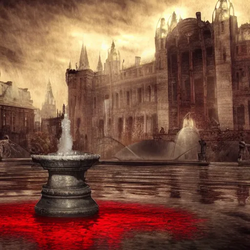 Prompt: a huge fountain using blood instead of water, dark haunted creatures in background. Horror, scary, digital art, realistic, detailed, 8k