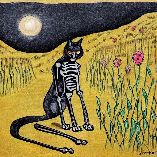 Prompt: a painting of a cat's skeleton walking around a field, in the style of bubonic plague paintings.