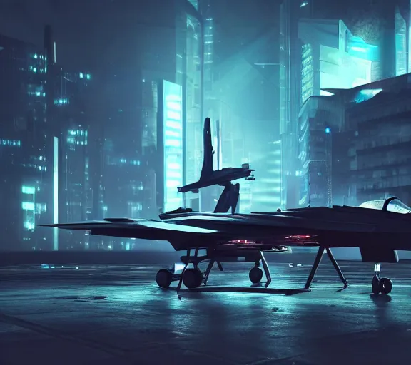 Image similar to fighter pilot stands beside futuristic sci fi fighter jet landed at runway of cyberpunk city, night photo ,dark cinematic lighting , digital concept art