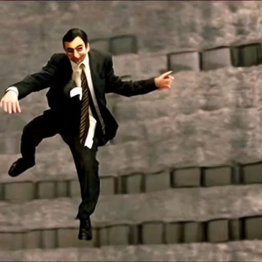 Image similar to Mr Bean in the Matrix, bullet time, cinematic, film clip