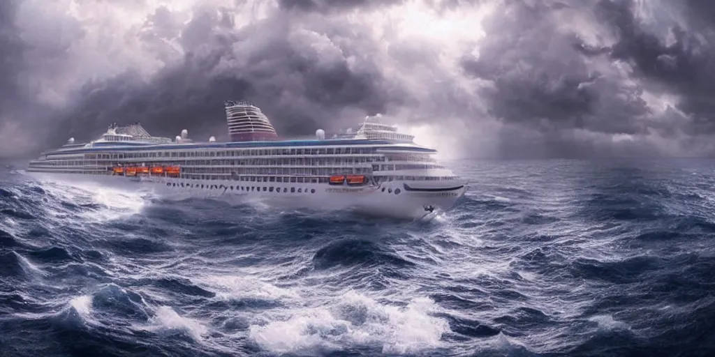 Image similar to one cruise ship sinken lying on its side in sea, dark, storm, thunderstorm unreal engine Hight detailed An epic fantastic realism dinamic lighting, Bermuda triangle