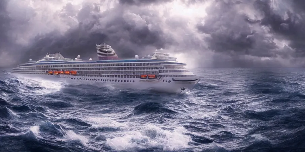 Prompt: one cruise ship sinken lying on its side in sea, dark, storm, thunderstorm unreal engine Hight detailed An epic fantastic realism dinamic lighting, Bermuda triangle