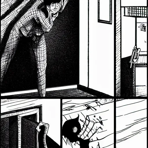 Image similar to neighbor drilling grid holes in a room, manga, black and white manga horror in style of junji ito, kentaro miura