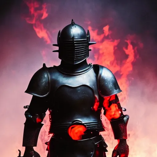 Image similar to a black knight in shining armor, a terrible mask on his face, eyes burning with red fire. a boy is standing next to him and he has a sword in his hands