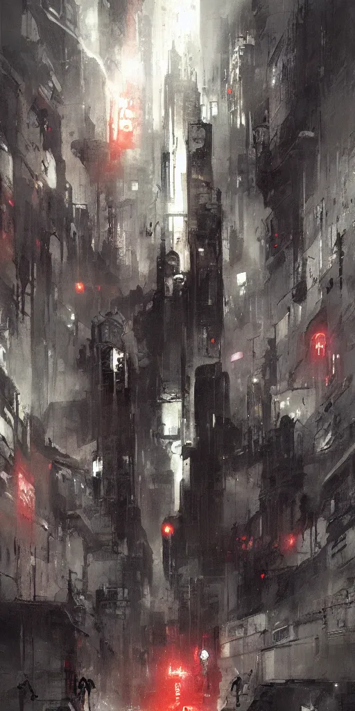 Image similar to a blade runner dungeon located in a city painted by ashley wood and phil hale, masterpiece, award - winning, sharp focus, intricate concept art, ambient lighting, 8 k, artstation, pixiv