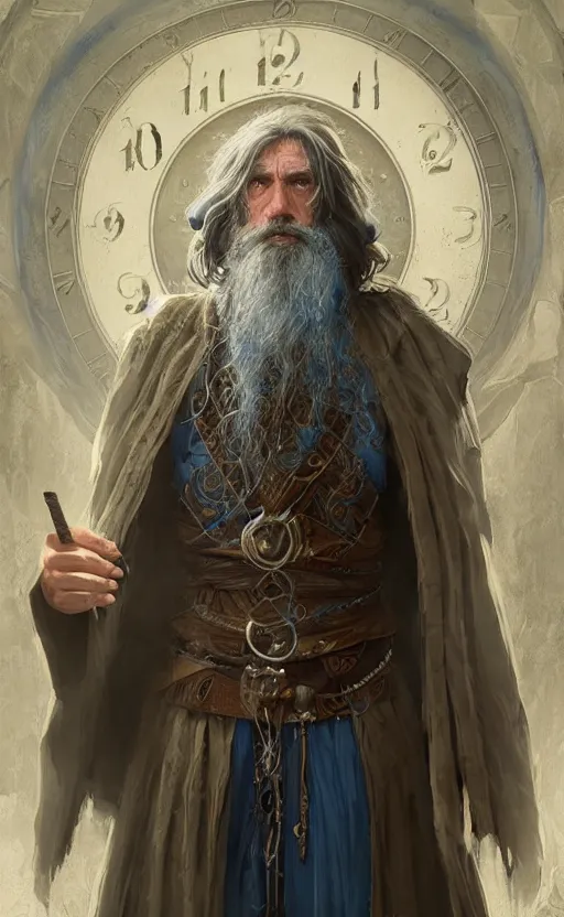 Image similar to portrait of a middle aged elf with a long beard, dressed in a blue cloak, brown grey hair, raised hand, clock iconography, detailed face, fantasy, highly detailed, cinematic lighting, digital art painting by greg rutkowski