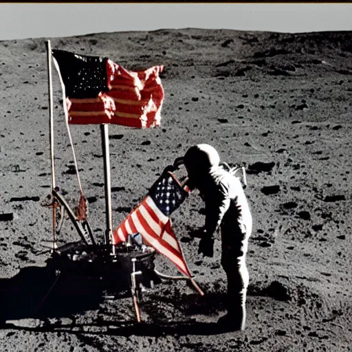 Image similar to photograph of a cowboy planting the american flag on the moon