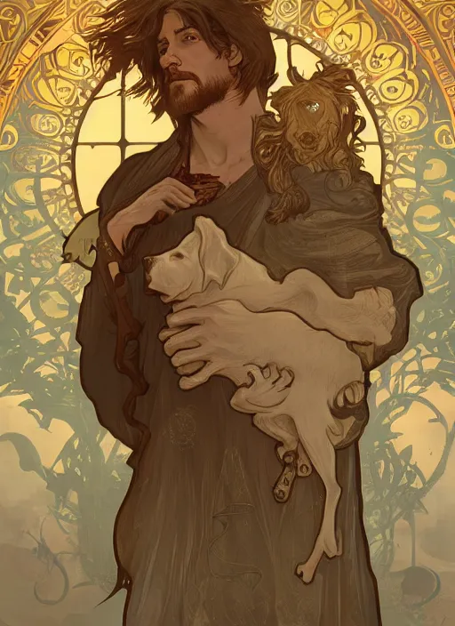 Image similar to beautiful illustration of a wizard with a dog as a god with alphonse mucha and craig mullins, gorgeous, amazing, flowing hair, muscular, very muscular male body, in the style abigail larsonand and sam guay, rim light, beautiful lighting, 8 k, stunning scene, octane, trending on artstation