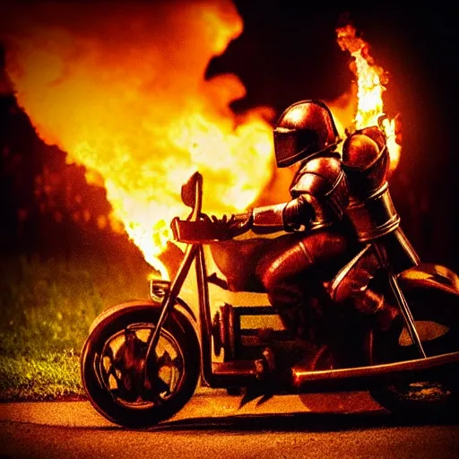 Prompt: “a burning knight in full armor riding a burning motorcycle that is on fire in an graveyard at midnight. cursed image.”