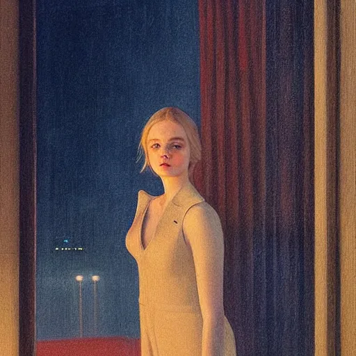 Prompt: Elle Fanning portrait at night in the world of Edward Hopper, stormy weather outside, extremely detailed masterpiece, oil on canvas, low-key neon lighting, artstation, Blade Runner 2049, Roger Deakin’s cinematography, by J. C. Leyendecker and Peter Paul Rubens,