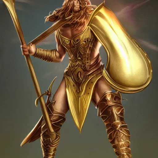 Image similar to a fantasy portrait of a giant golden axe weapon