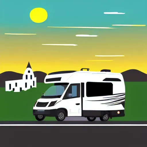 Prompt: minimal professional vector art featuring a white and black cute thor chateau! motorhome camper!!, highway, mountains and sunset!!, very happy, professional colorful simple vector art