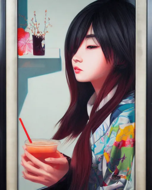 Image similar to A ultradetailed beautiful portrait panting of a stylish woman drinking boba tea, she is wearing streetwear, Oil painting, by Ilya Kuvshinov, Greg Rutkowski and Makoto Shinkai